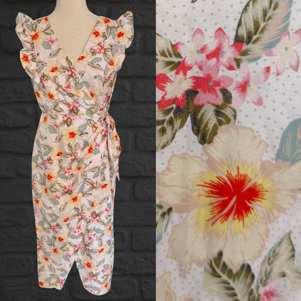 Rebecca Taylor Size 6 Floral Hawaiian Faux Wrap Midi Dress Ruffle Sleeveless